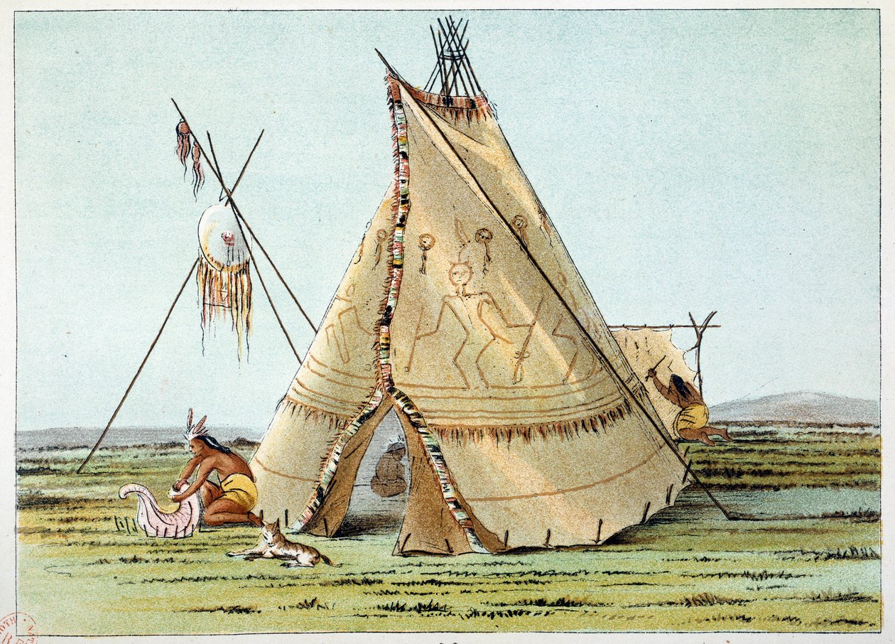 Amerika indiánjai: a varjak törzséhez tartozó tipi porcuepics-festményekkel. Illusztráció: George Catlin (1794-1872) alkotó: George Catlin