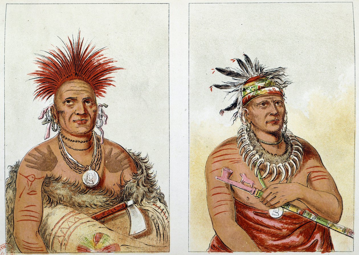 Amerika indiánjai: a Great Pawnees (vagy Paneassa, Pari, Pariki) lófőtörzs (n° 138) második törzsfőnök plusz életkor (n° 139) - A másodiknak medvekarmokból készült nyaklánca van - Illusztráció: George Catlin ( 1794-1872) alkotó: George Catlin