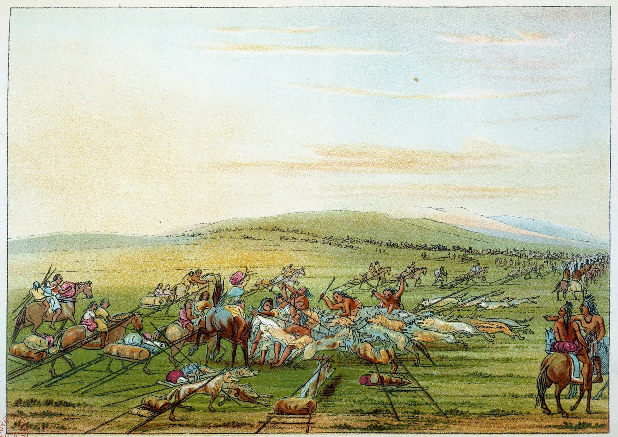 Amerika indiánjai: indiánok törzse lovakkal és kutyákkal. Illusztráció: George Catlin (1794-1872) alkotó: George Catlin