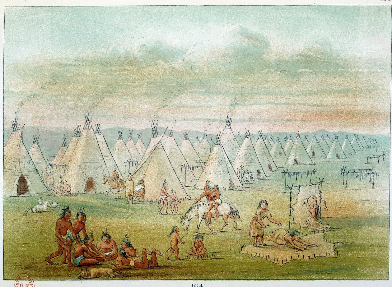 Amerika indiánjai: falusi kommancse a sátrak bölénybőrből készülnek. Illusztráció: George Catlin (1794-1872) alkotó: George Catlin