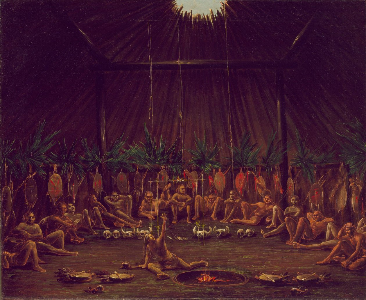 A Medicine Lodge belső nézete, Mandan O-kee-pa szertartás alkotó: George Catlin