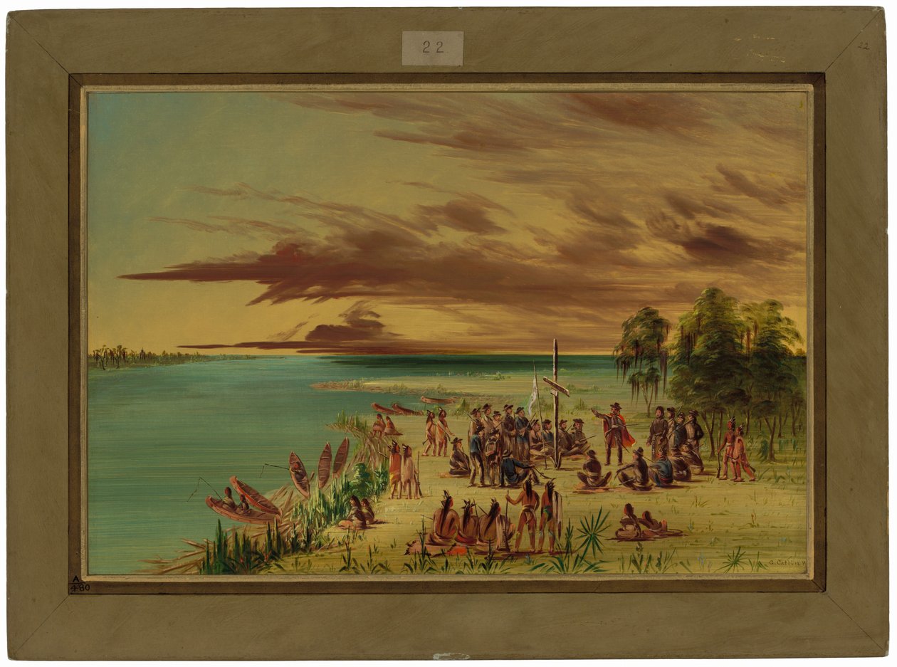La Salle Louisiana-t Franciaország nevében birtokba veszi. 1682. április 9. alkotó: George Catlin