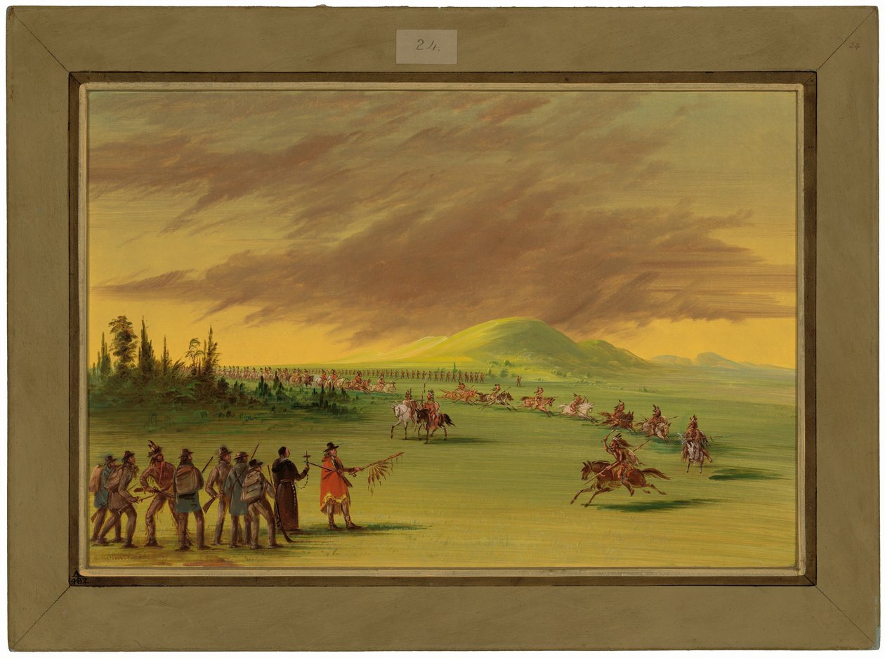 La Salle egy texasi prérin találkozik a cenis indiánok harci csapatával. 1686. április 25. alkotó: George Catlin