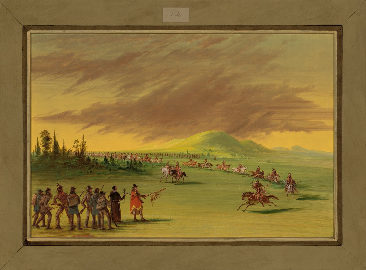 La Salle találkozik a cenis indiánok háborús pártjával egy texasi prérin, 1686. április 25., 1847-48 alkotó: George Catlin