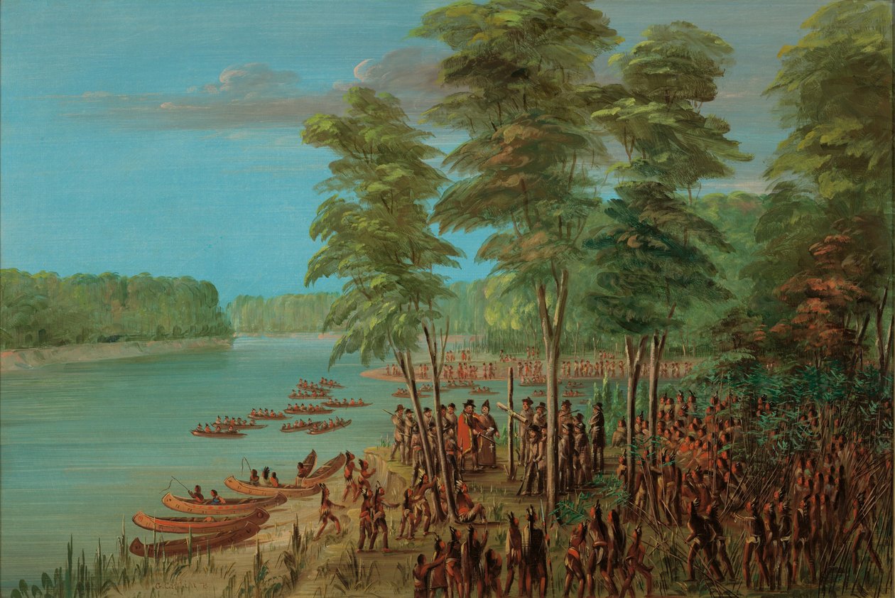 La Salle birtokba veszi az Arkansas torkolatánál fekvő földet. 1682. március 10. 18471848. alkotó: George Catlin
