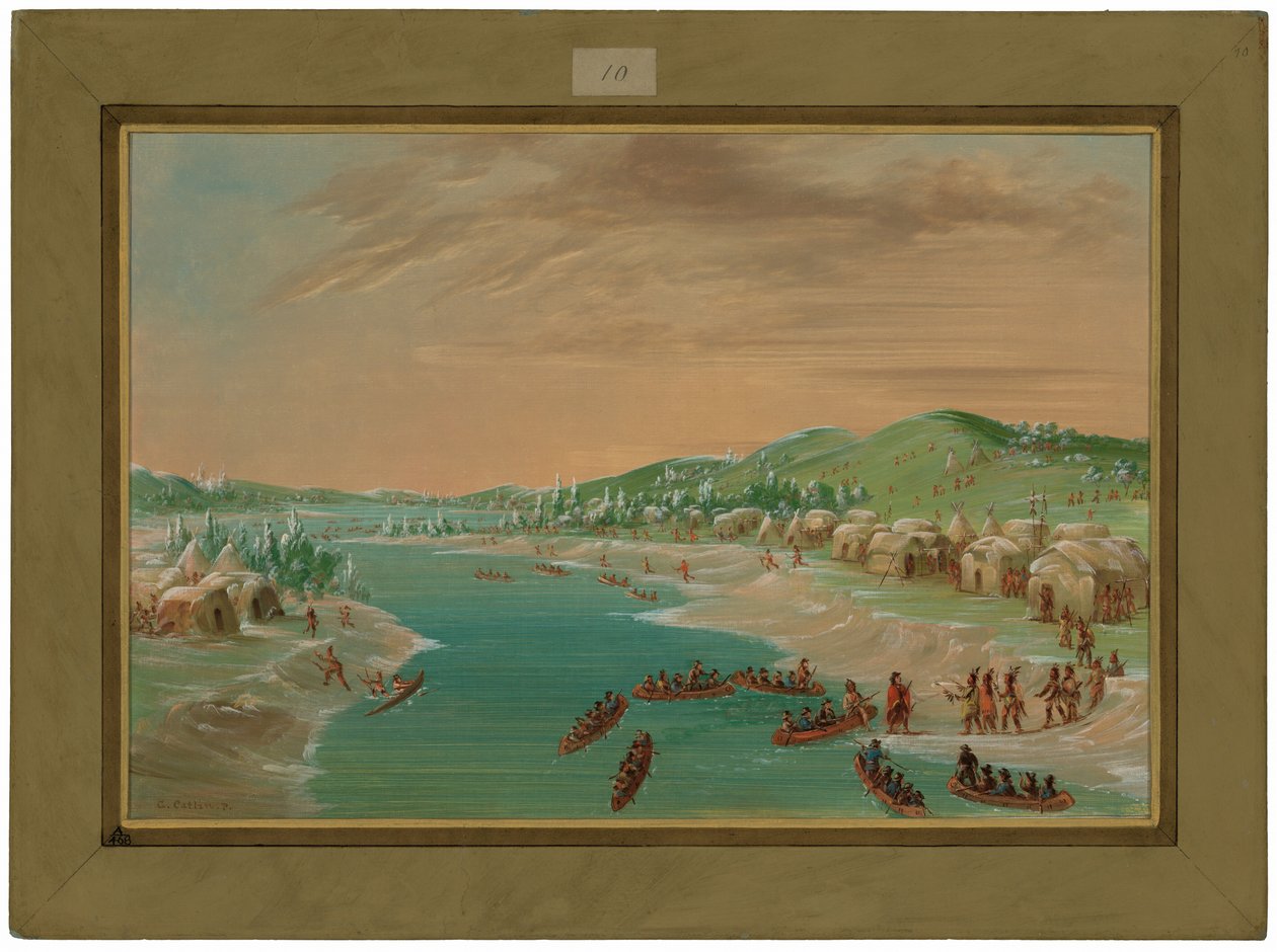 La Salle és társai megérkeznek az illinoisiak falujába. 1680. január 1. alkotó: George Catlin
