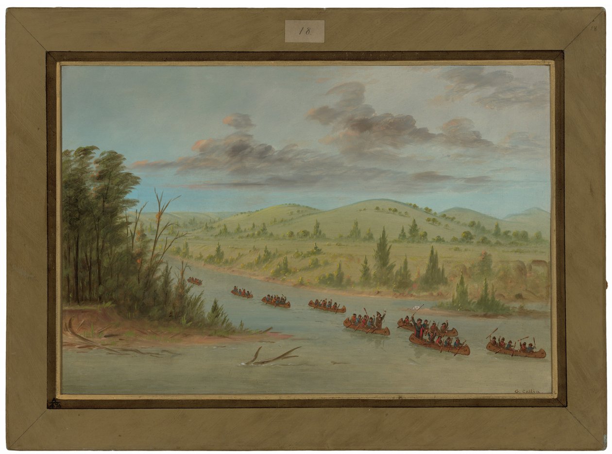 La Salle expedíciója kenukkal hajózik be a Mississippi folyóra. 1682. február 6. alkotó: George Catlin