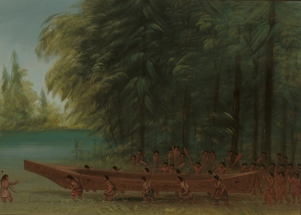 Kenu vízre bocsátása – Nayas Indians, 18551869. alkotó: George Catlin