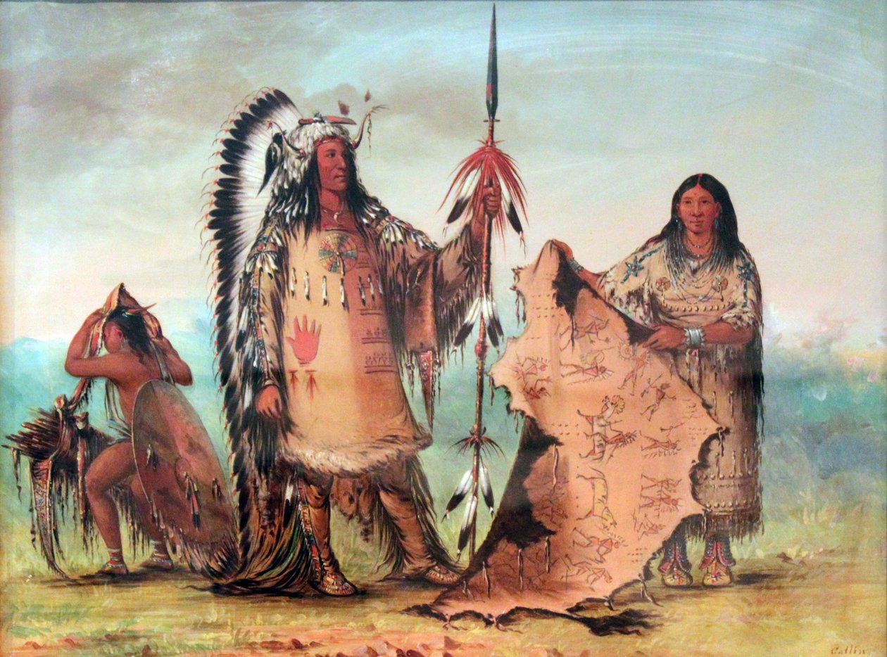 Mandan: Mato-Tope feleségével és fiával. A felesége által tartott bölényköpeny hősies háborús tetteit mutatja. alkotó: George Catlin