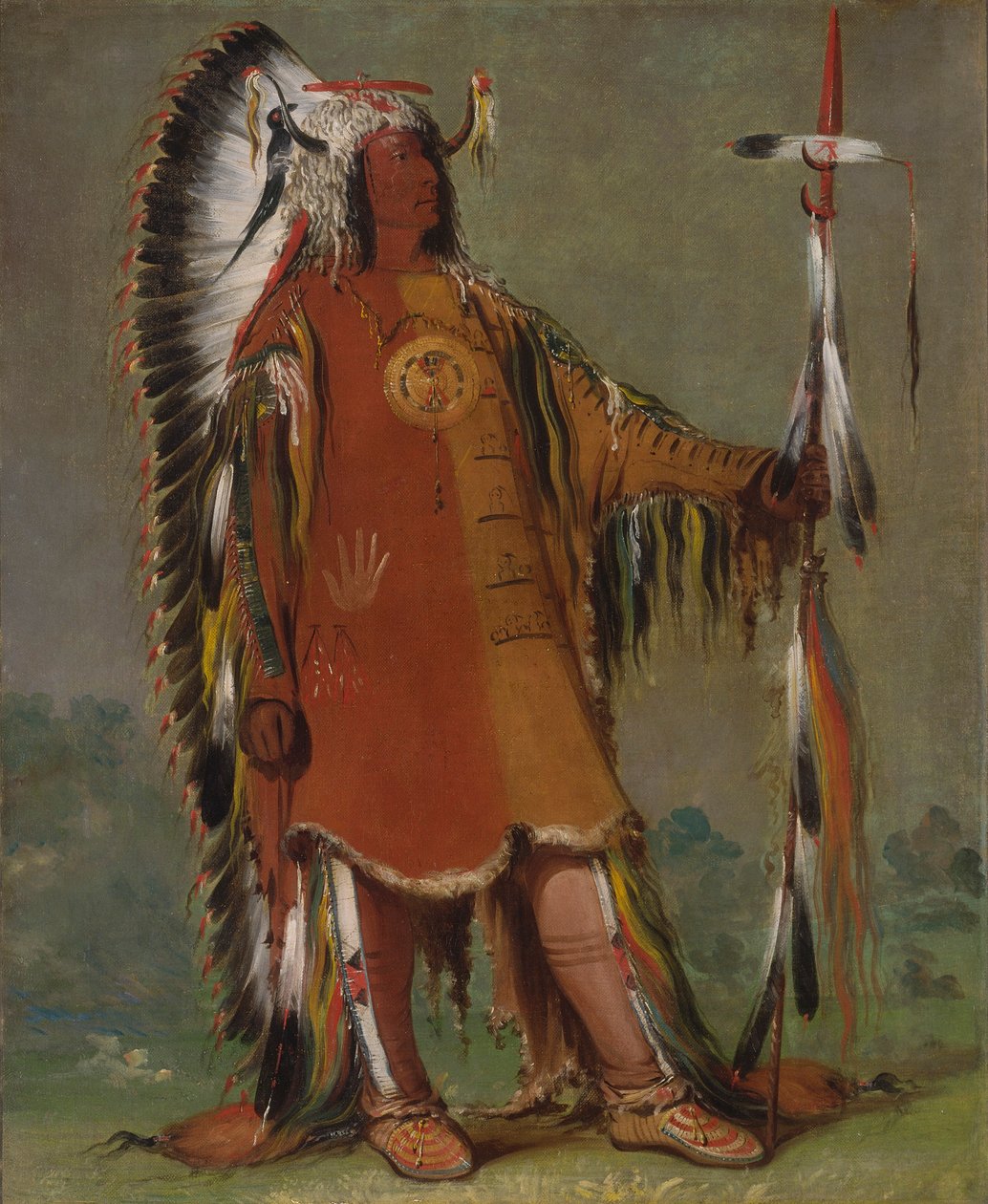 Máh-to-tóh-pa, Négy medve, második főnök, teljes öltözetben alkotó: George Catlin