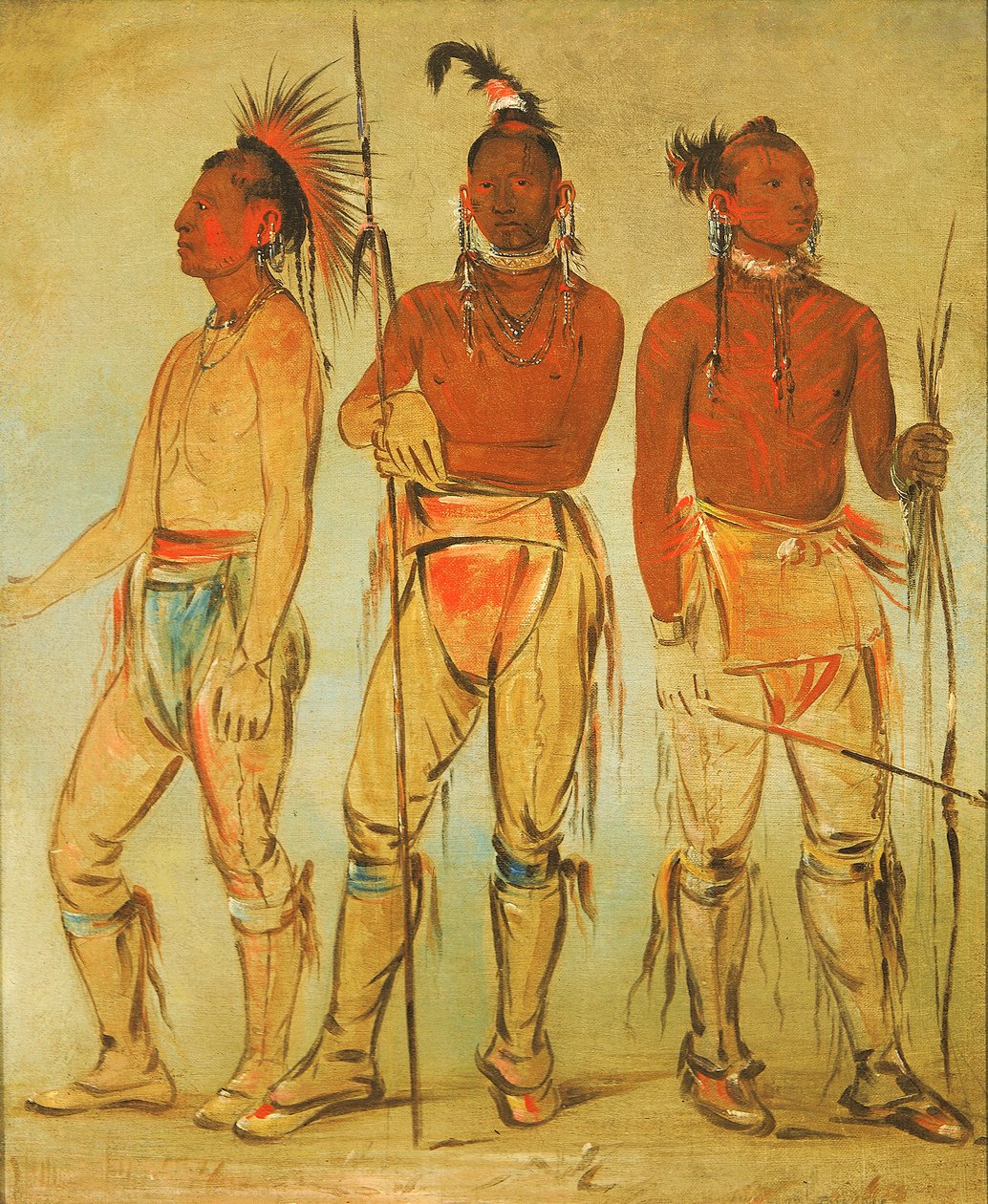 Mun-ne-pús-kee, Aki nem fél, Ko-ha-túnk-a, Big Crow és Nah-cóm-ee-shee..., 1834. alkotó: George Catlin