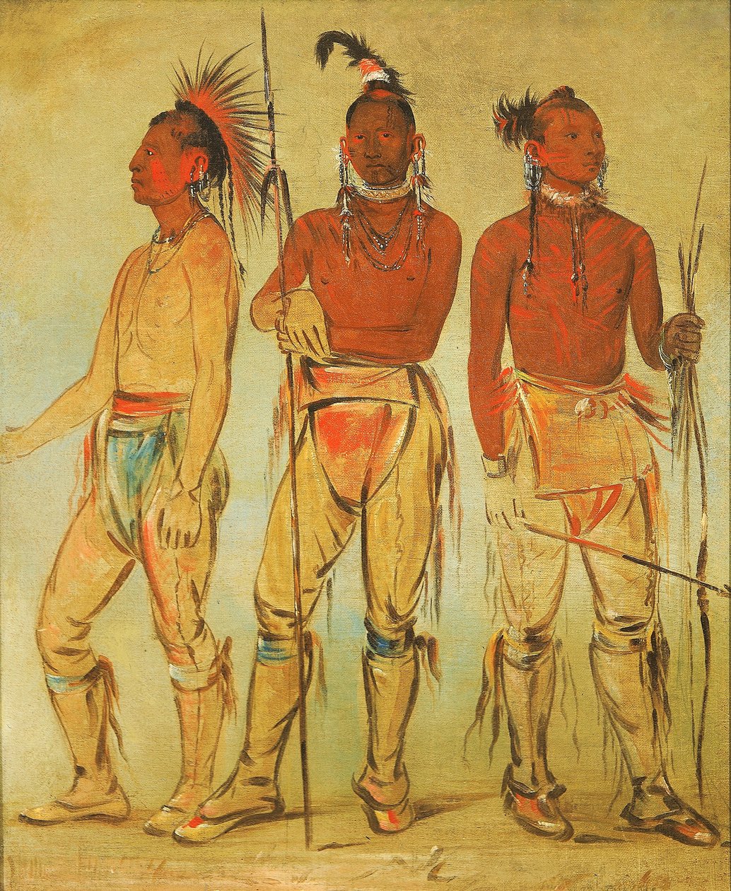 Mun-ne-pús-kee, Aki nem fél; Ko-ha-túnk-a, Nagy Varjú; és Nah-cóm-ee-shee, Az ágy embere, Három fiatal harcos. alkotó: George Catlin