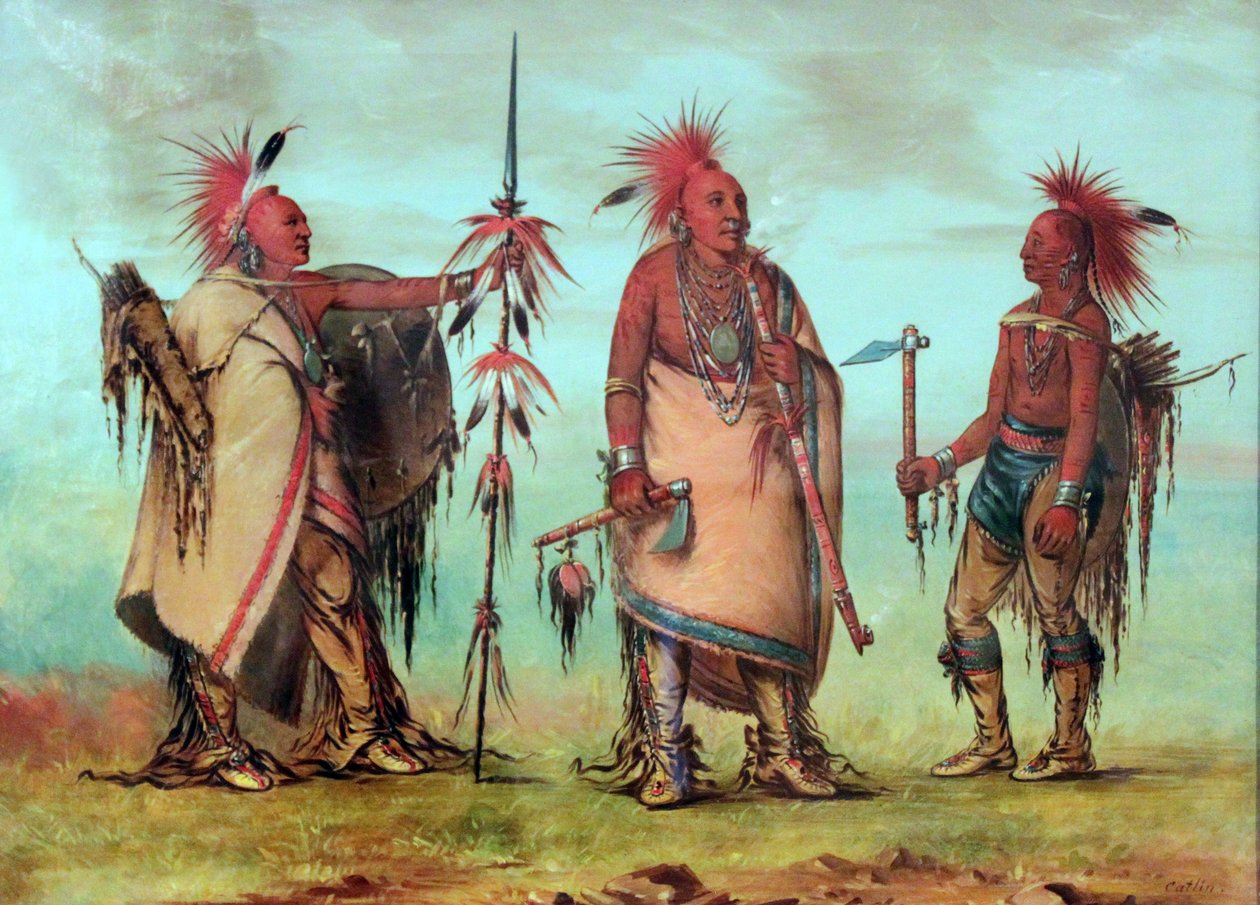 Osage: Tal-lee, Black Dog és Big Crow vörösre festett szarvasszőrből készült csótányt viselnek. alkotó: George Catlin