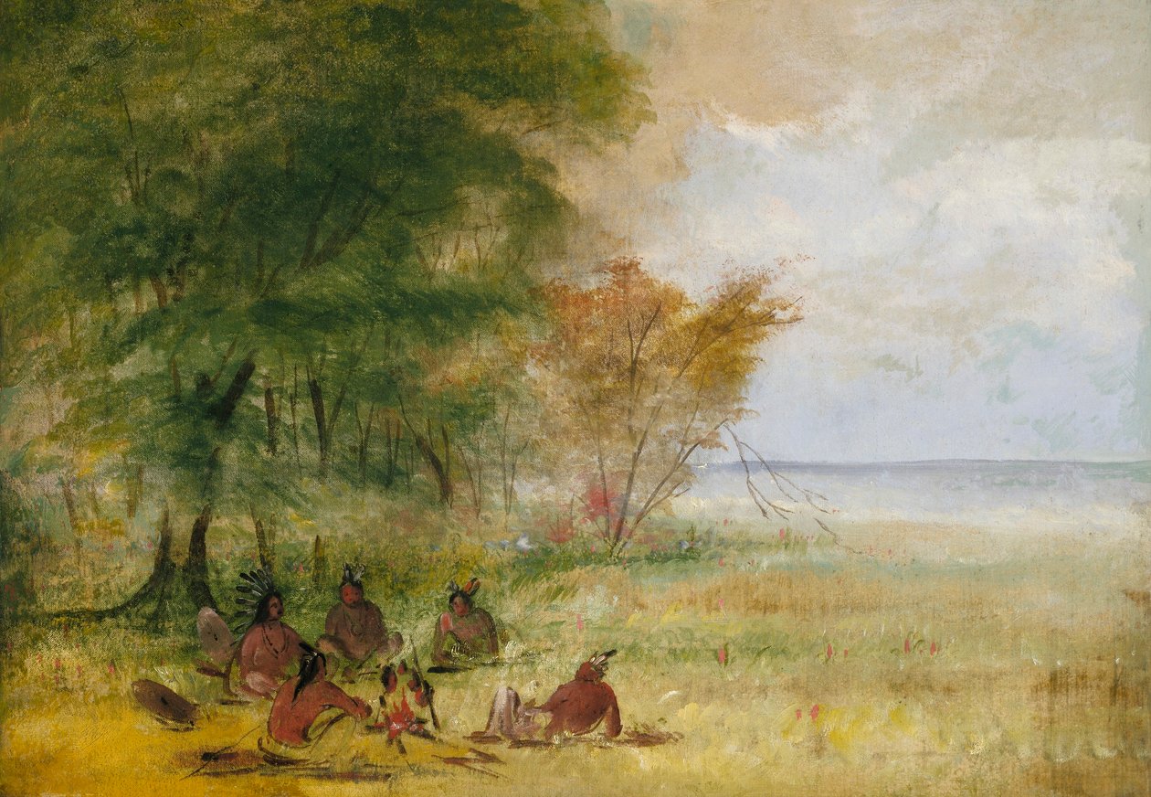 Sziú indián tanács, törzsfőnökök mélyreható tanácskozáson alkotó: George Catlin
