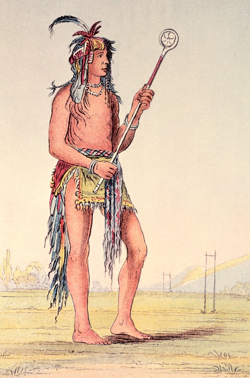 Ah-No-Je-Nange sziú labdajátékos, „Aki mindkét oldalon áll” (kézzel színezett litó) alkotó: George Catlin