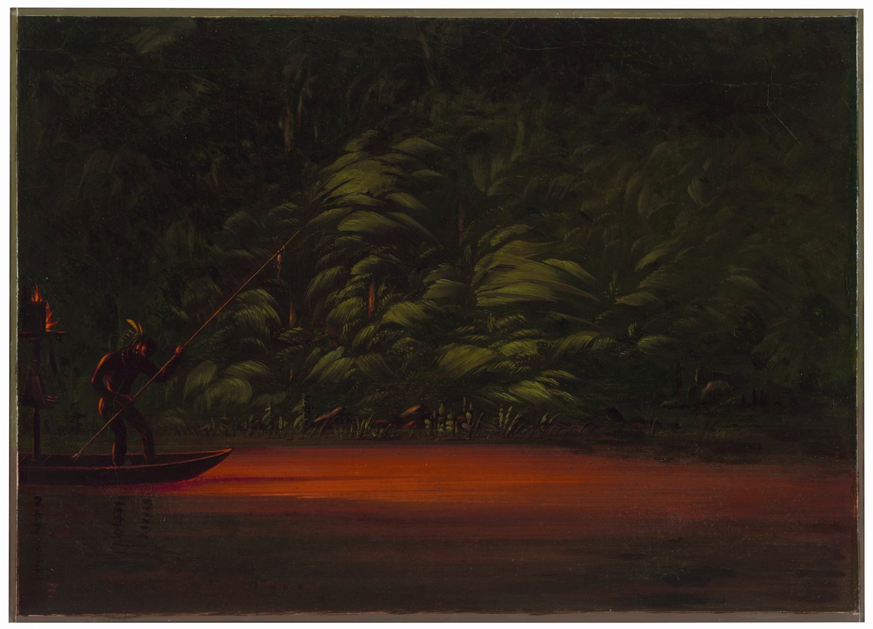 Lándzsás halászat fáklyafénynél az Amazonason alkotó: George Catlin