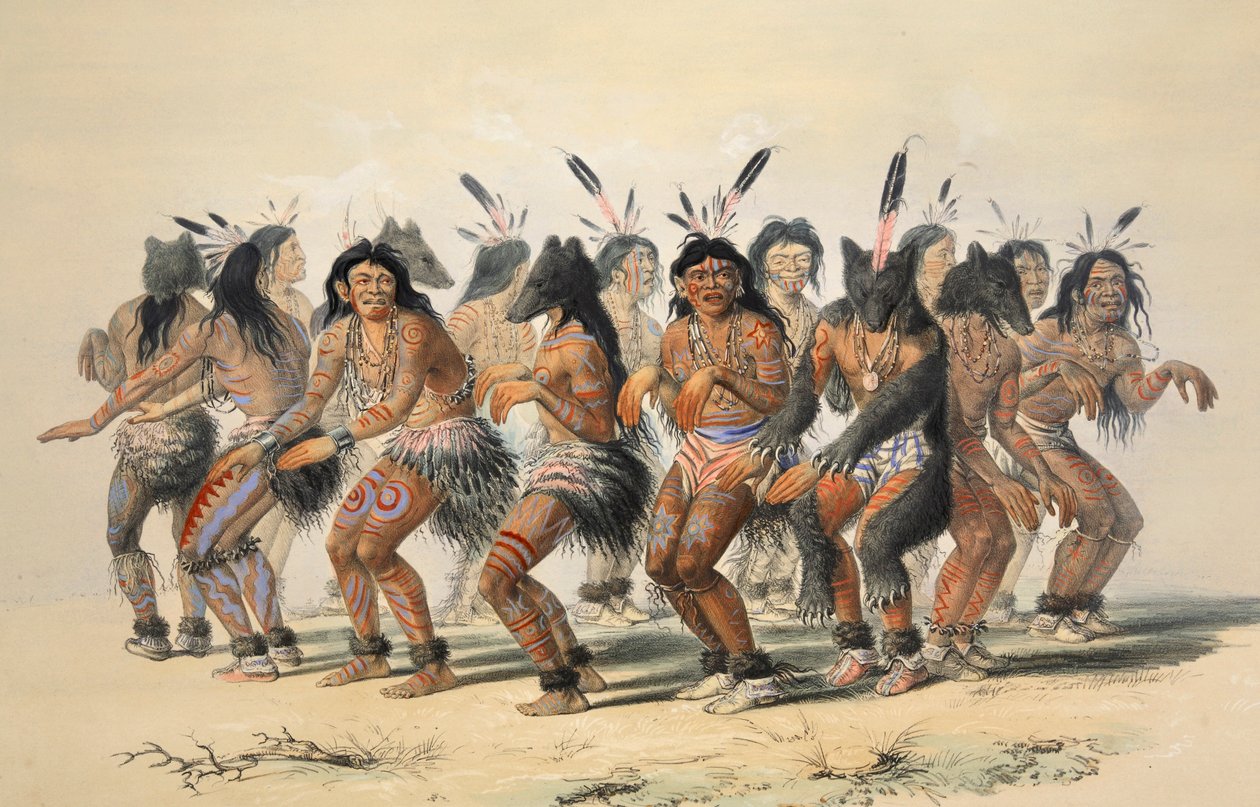 A Medvetánc részlet, kocsma. 1845-ös színes litográfia. alkotó: George Catlin