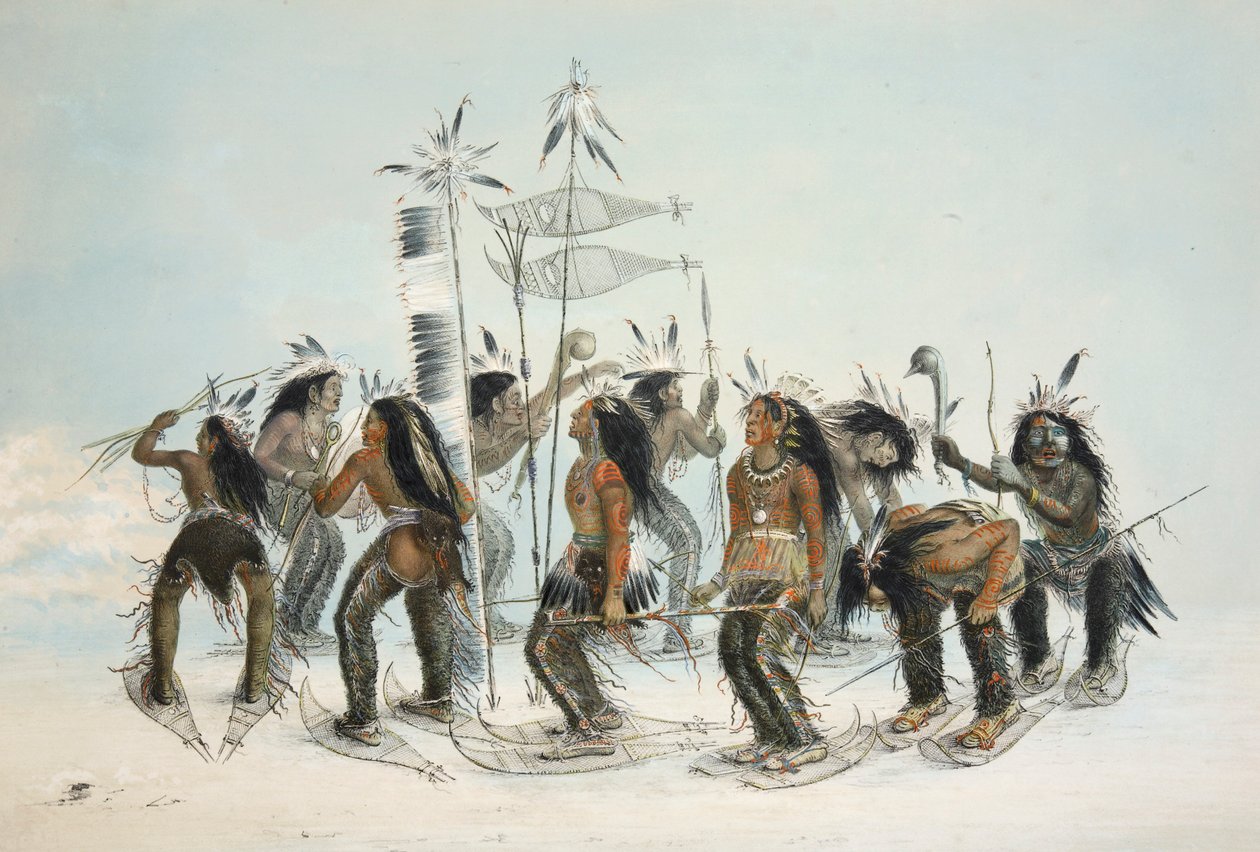 The Snow Shoe Dance, kocsma. 1845-ös színes litográfia. alkotó: George Catlin