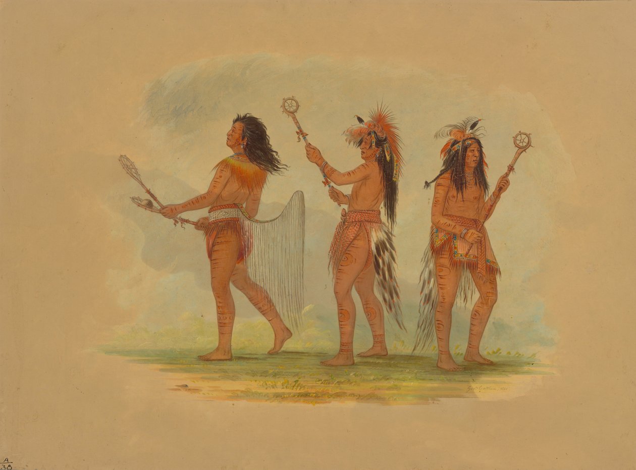 Három ünnepelt labdajátékos – Choctaw, Sioux és Ojibbeway, 1861. alkotó: George Catlin