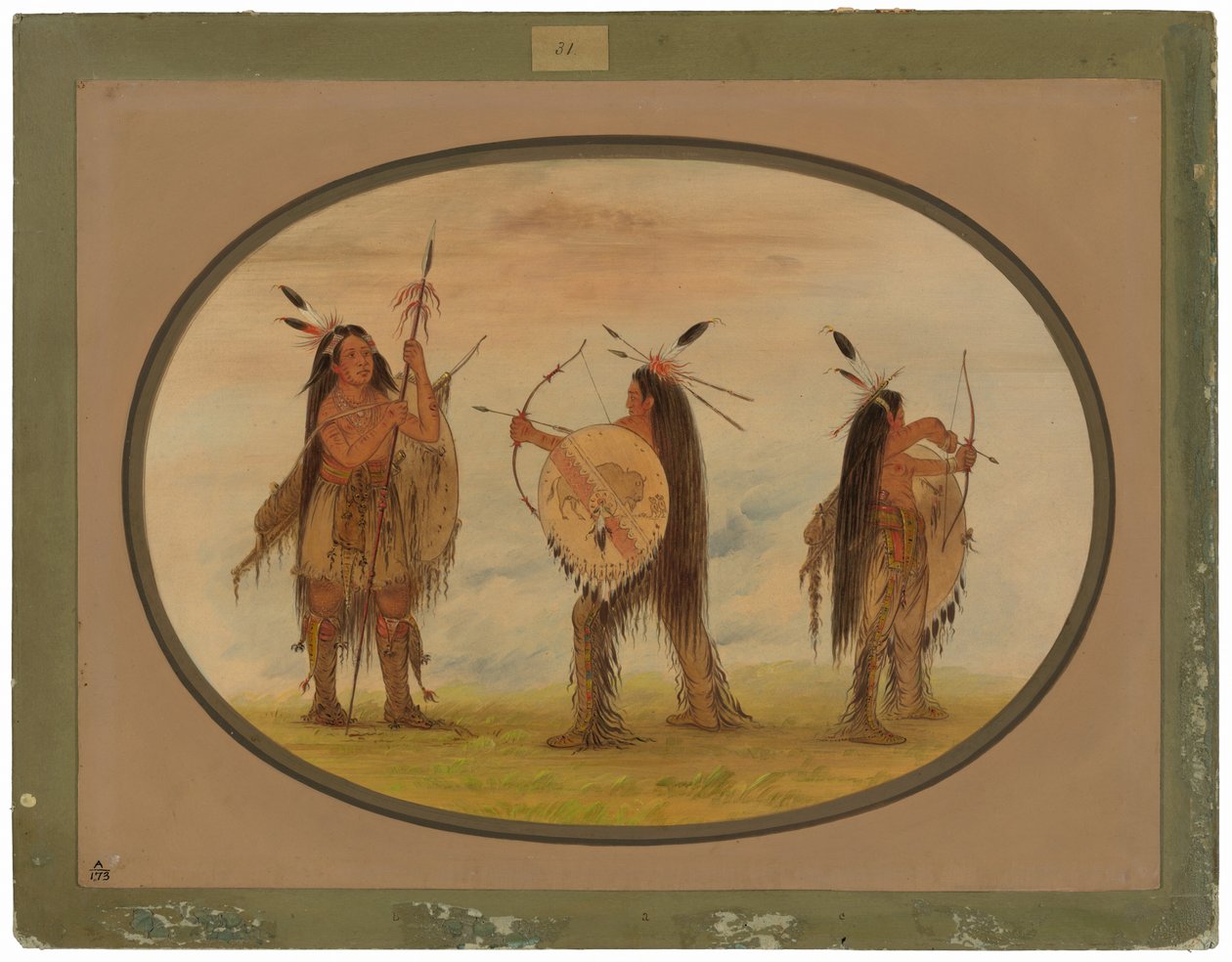 Három háborúra felfegyverzett mandan harcos alkotó: George Catlin