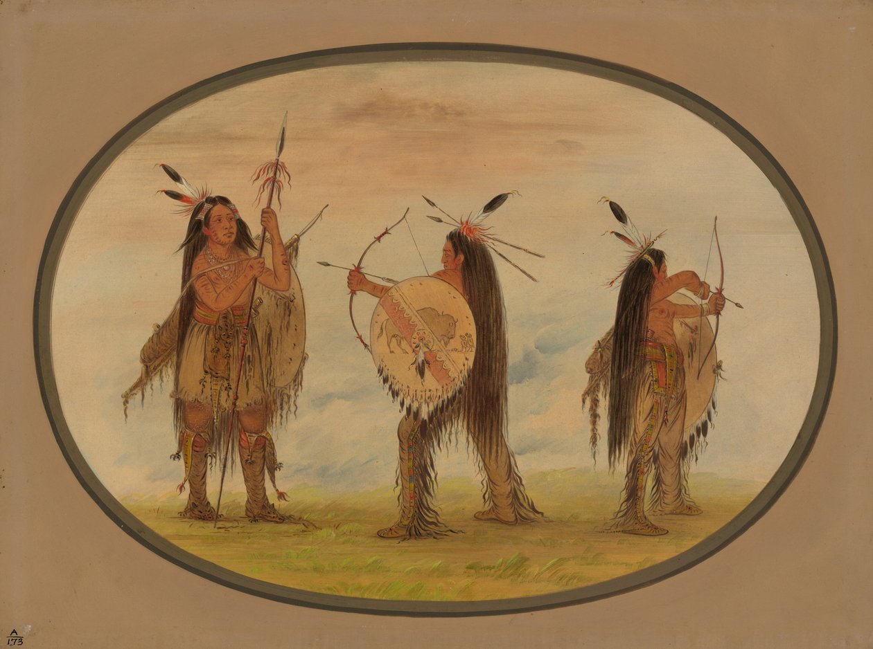 Három háborúra felfegyverzett mandan harcos, 18611869. alkotó: George Catlin