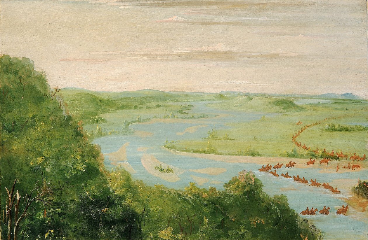 Kilátás a Kanadai-folyóra, dragonyosok átkelése alkotó: George Catlin