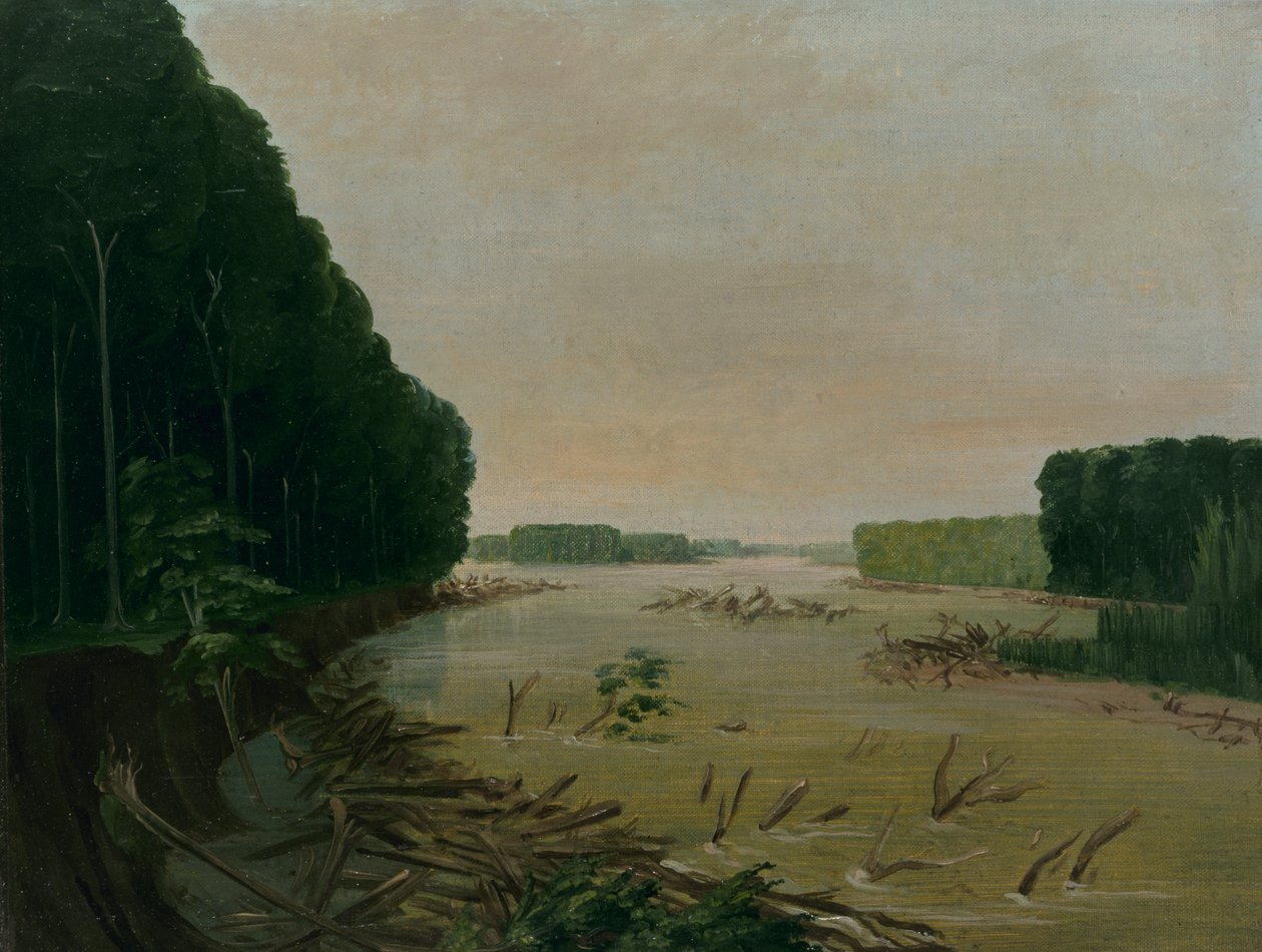 Kilátás a Missouri-szigetre, az alluviális bankok beomlása, 600 mérfölddel St. Louis felett, 1832. alkotó: George Catlin
