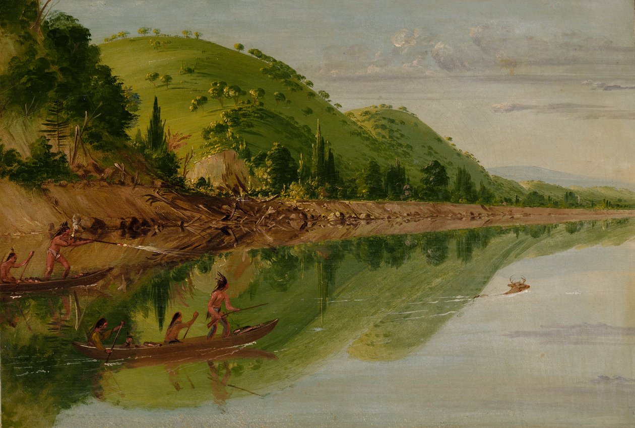 Kilátás a Szent Péter-folyóra, sziú indiánok üldöznek egy szarvast kenujukban alkotó: George Catlin