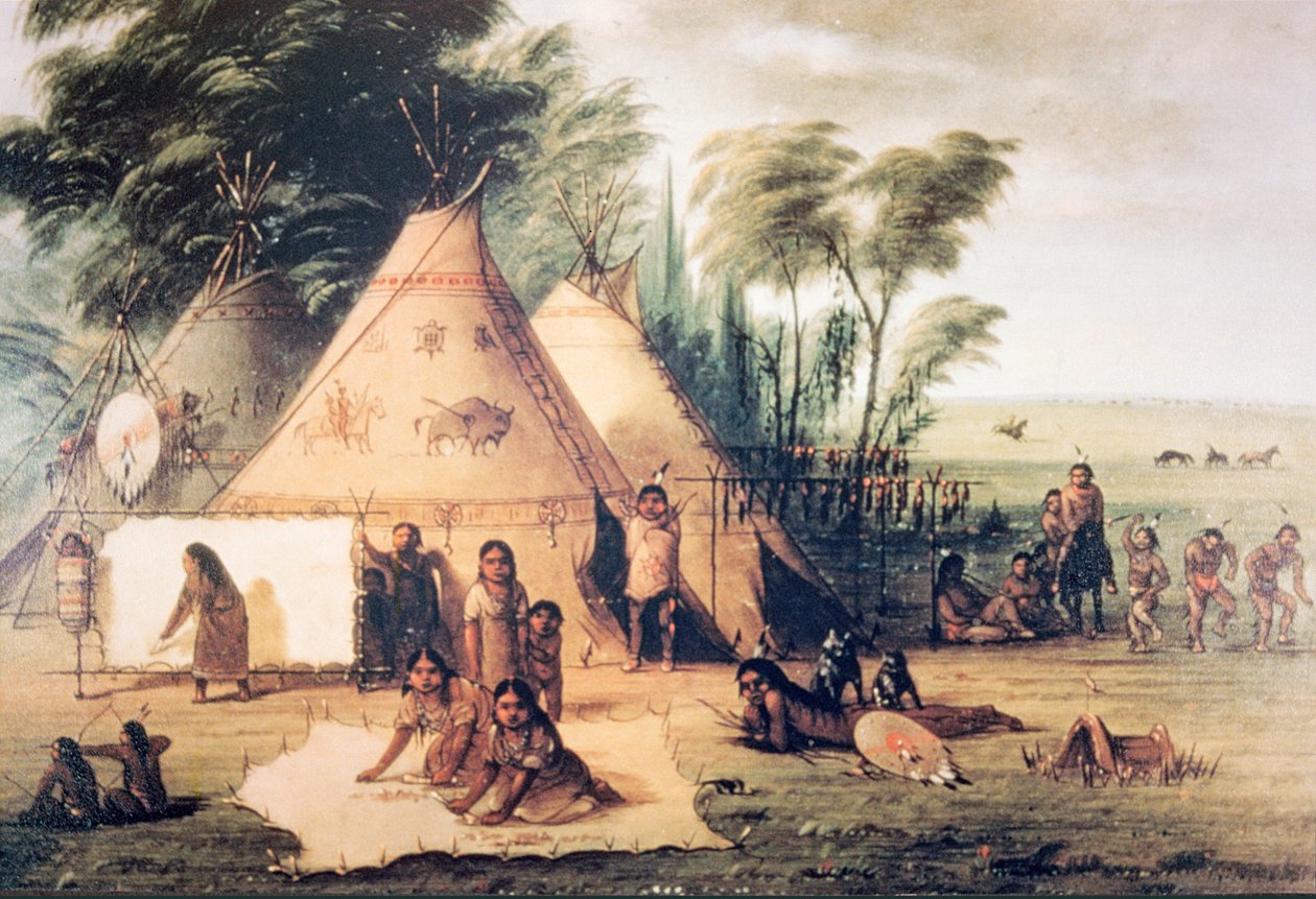Az észak-amerikai sziú törzs faluja (színes litho) alkotó: George Catlin