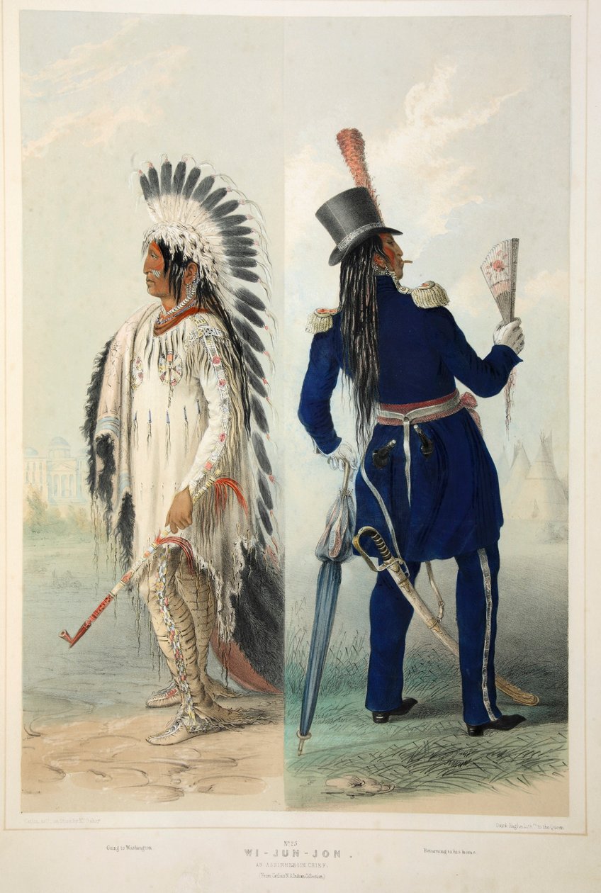 Wi-Jun-Jon, egy Assinneboin főnök, kocsma. 1845-ös színes litográfia. alkotó: George Catlin