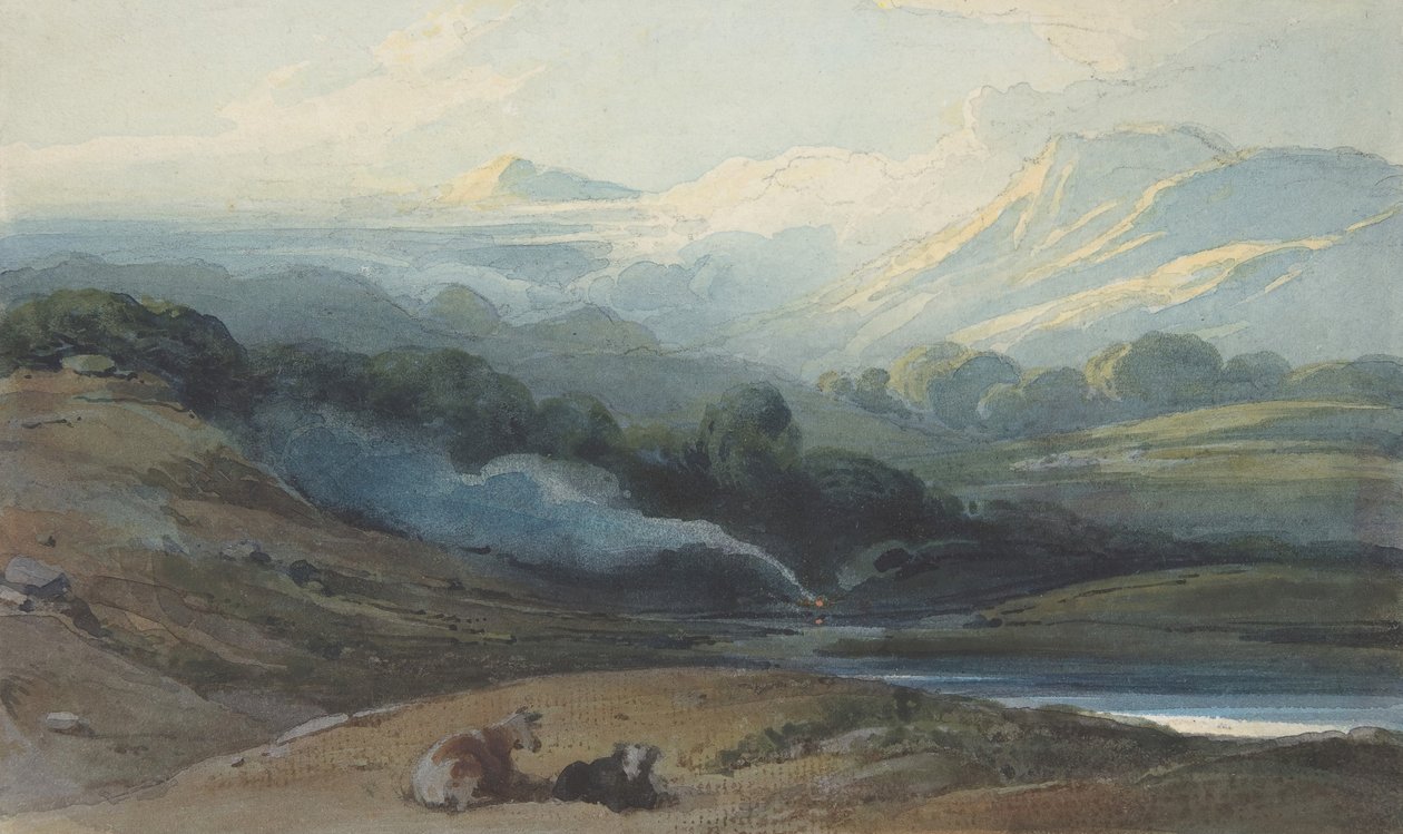 Hegyvidéki tájon pihenő szarvasmarha, kb. 1808-12. alkotó: George Chinnery