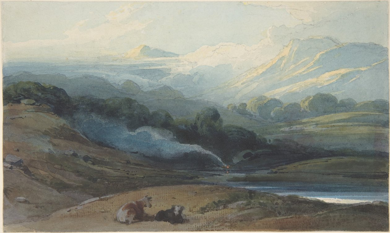 Pihenő szarvasmarhák hegyvidéki tájban, Bengália alkotó: George Chinnery