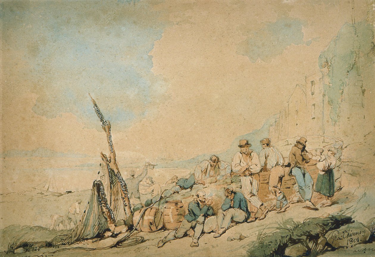 Tengerparti jelenet alakokkal a fal közelében alkotó: George Chinnery