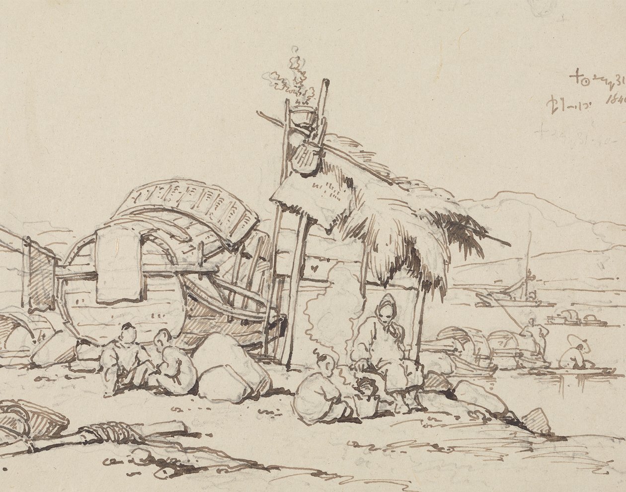 Öreg ember és gyerekek ülnek, főznek alkotó: George Chinnery
