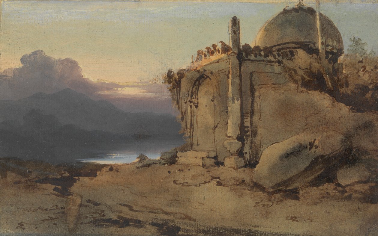 Egy templom romjai, naplemente alkotó: George Chinnery