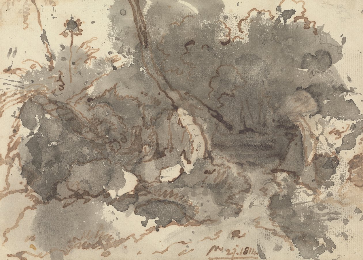 Nádfedeles épület egy erdőben alkotó: George Chinnery