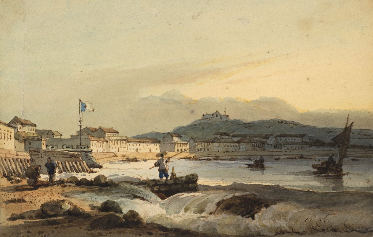 A Praia Grande, Makaó, délről, Szent Péter erőddel balra, 1830-1845 alkotó: George Chinnery