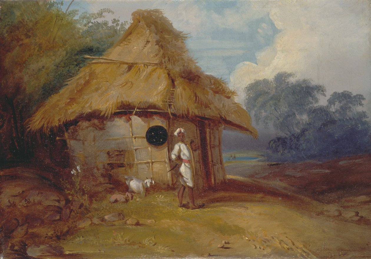 Kilátás Dél-Indiában, egy harcossal a kunyhóján kívül alkotó: George Chinnery