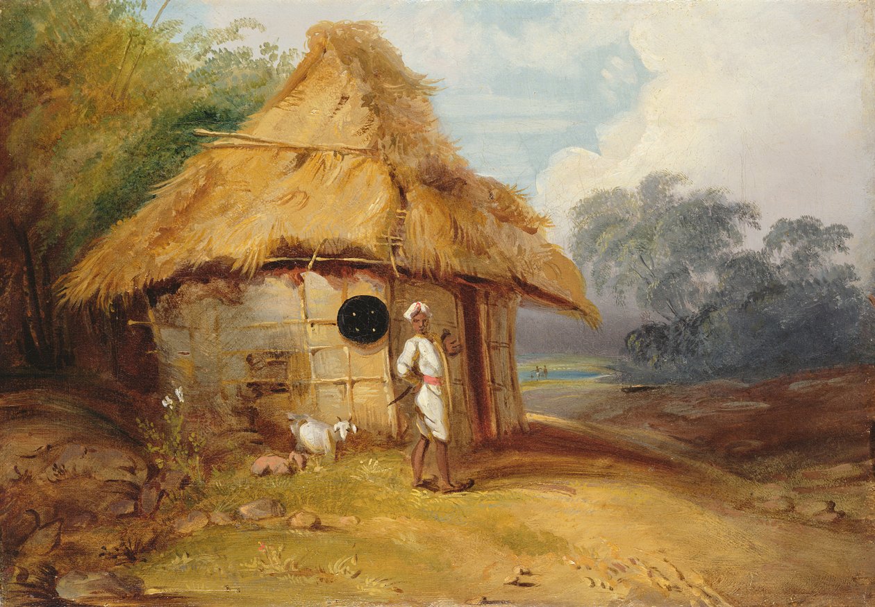 Nézet Dél-Indiában, egy harcossal a kunyhóján kívül, 1815 körül alkotó: George Chinnery