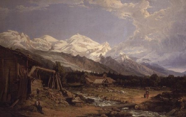 Alpesi táj alakokkal egy hegyi patak mellett alkotó: George Clarkson Stanfield