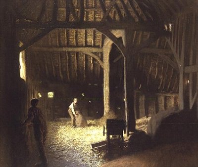 Pajta belseje dolgozó fiúkkal alkotó: George Clausen