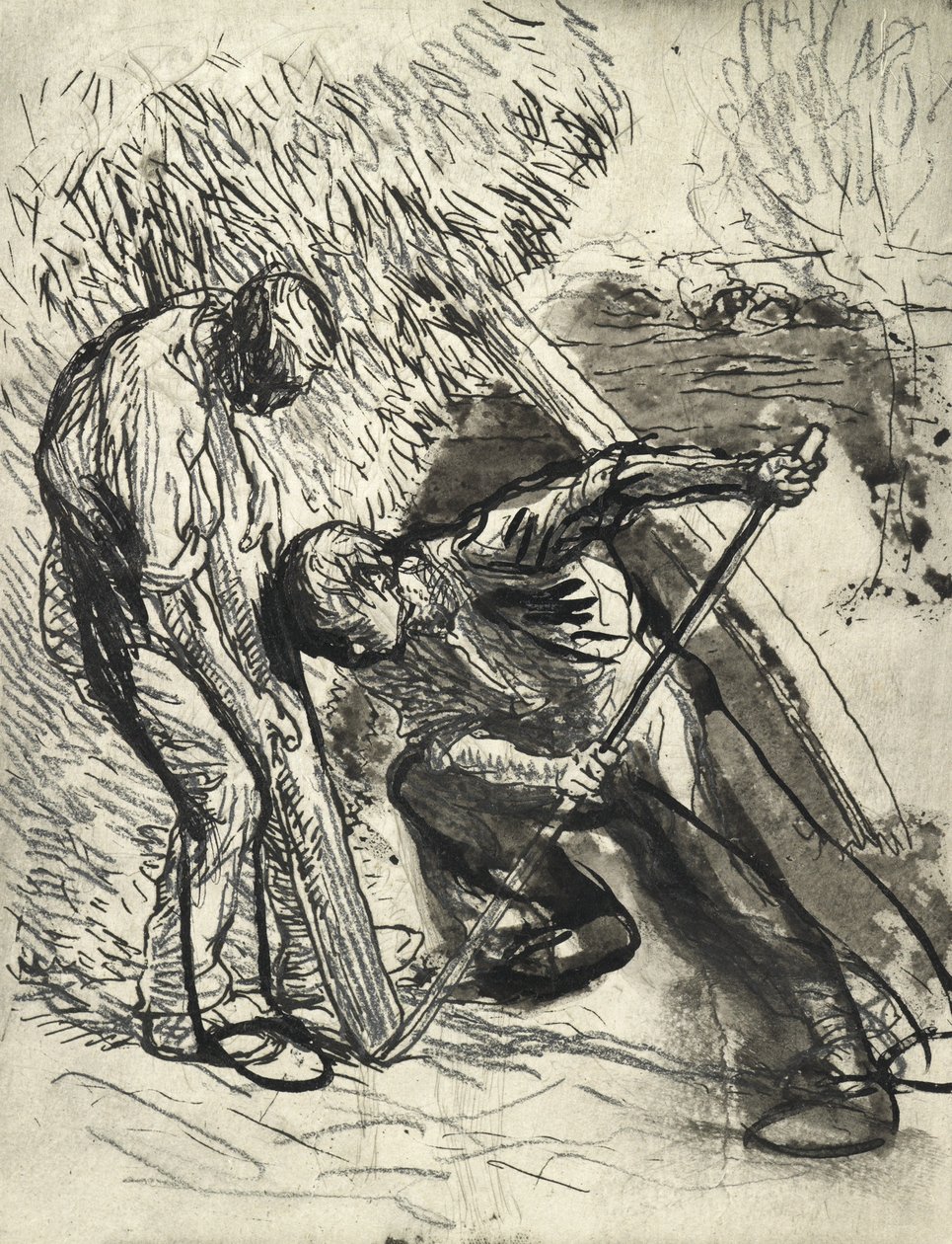 Propping the Rick, 1900 körül (ceruza, toll és tinta papíron) alkotó: George Clausen