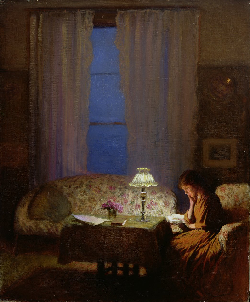 Olvasás lámpafénynél (Alkonyat: Belső) (olaj, vászon) alkotó: George Clausen