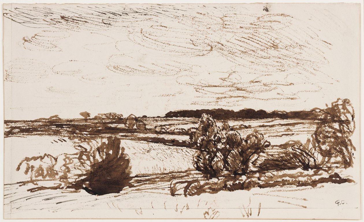 Szélfújta táj (toll, ecset és szépia tinta papíron) alkotó: George Clausen