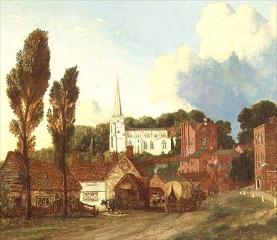 Harrow látképe, a Szent Mária-templommal, a régi iskolaépülettel és udvarral alkotó: George Clint