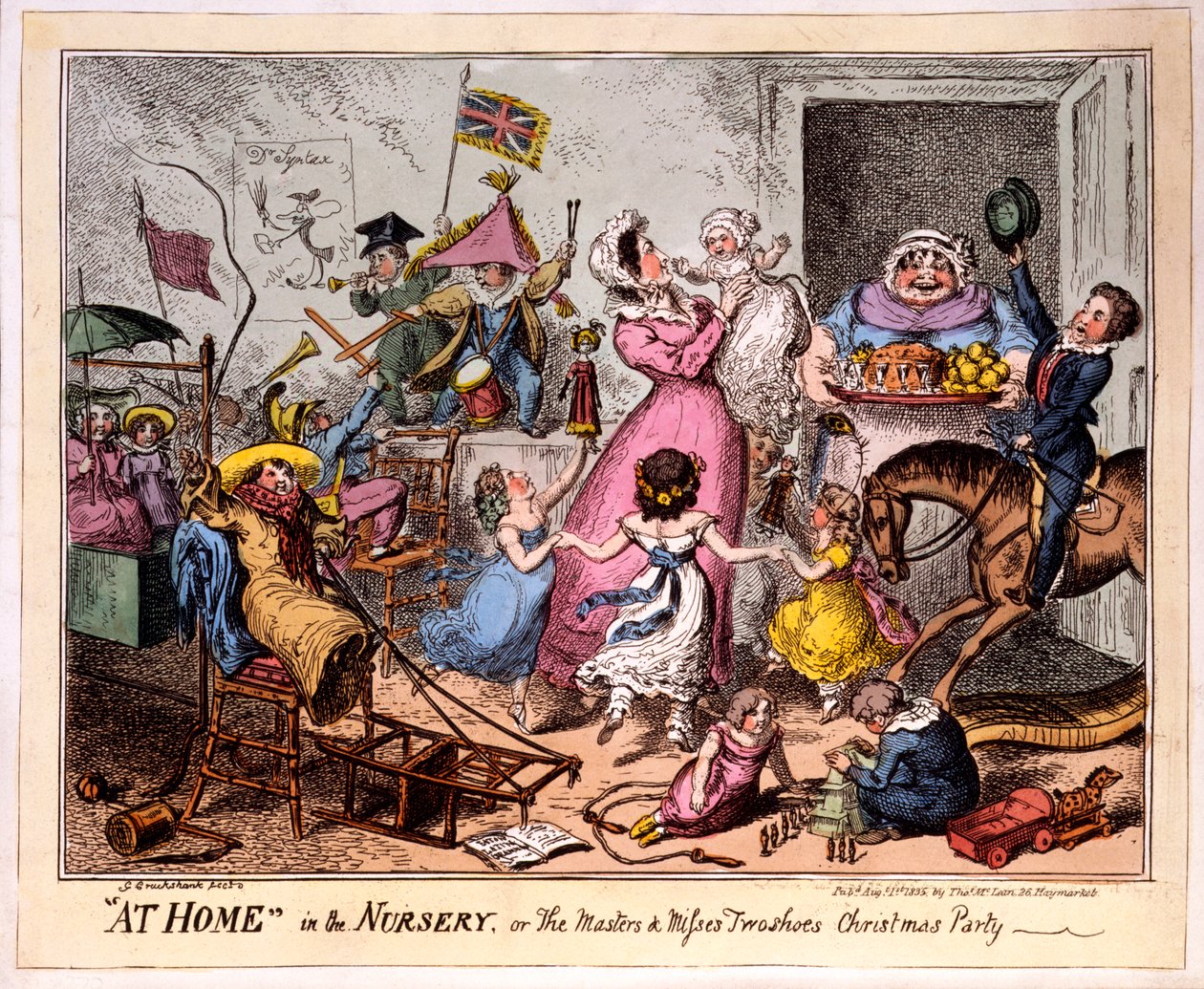OTTHON a Bölcsődében, avagy a Mesterek és két cipő hiányzik Karácsonyi parti, 1835 (színes rézkarc) alkotó: George Cruikshank
