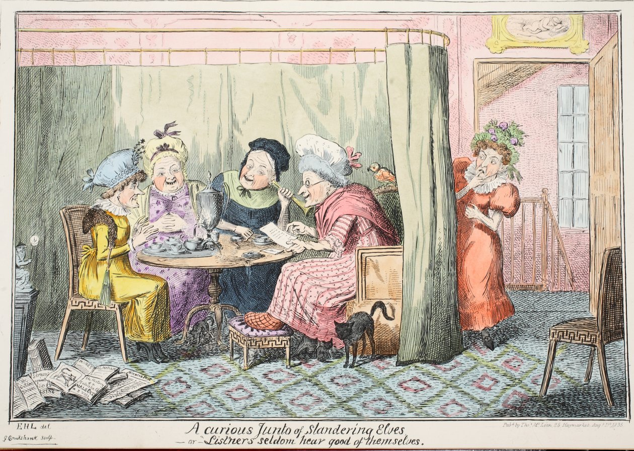 A rágalmazó elfek kíváncsi juntója – avagy „A hallgatók ritkán hallanak jót magukról”, 1835 (kézzel színezett metszet) alkotó: George Cruikshank