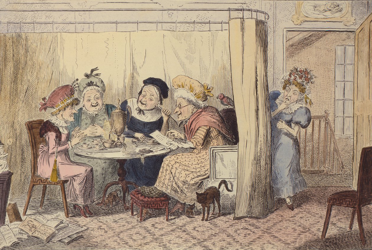 "A rágalmazó elfek kíváncsi juntója vagy a hallgatóság ritkán hall jót magukról", 1835 alkotó: George Cruikshank