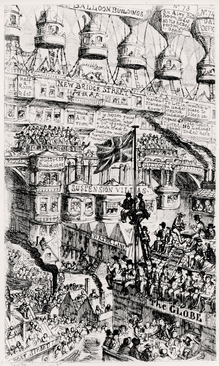 Malthusi nézet a túlzsúfolt Londonról, Angliáról, a jövőről Thomas Malthus írásai után alkotó: George Cruikshank