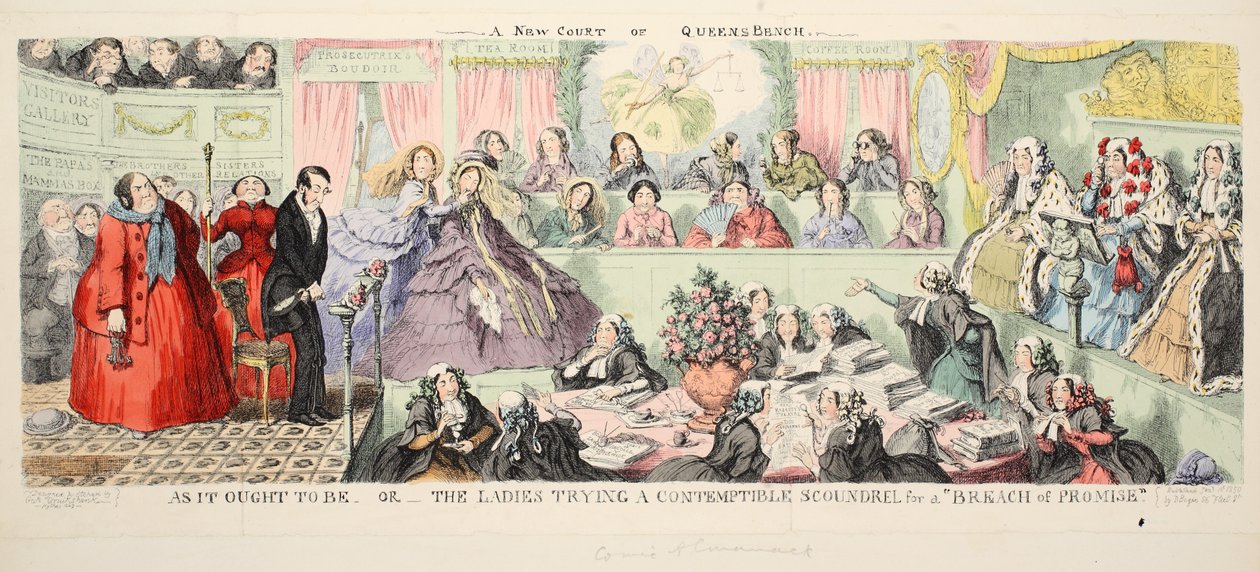 A királynő bíróságának új bírósága: The Ladies Trying a Contemptible Scoundrel for a Breach of Promise, pub. 1850 (kézi színes metszet) alkotó: George Cruikshank